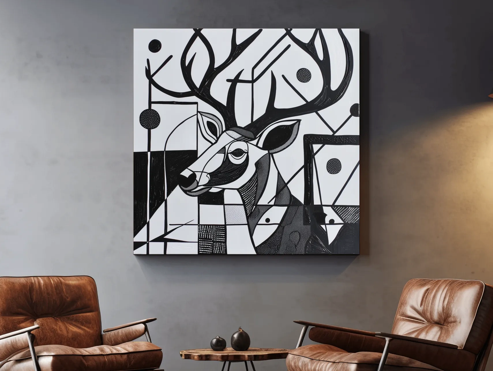 Abstract painting, black & white deer head and antlers artwork
