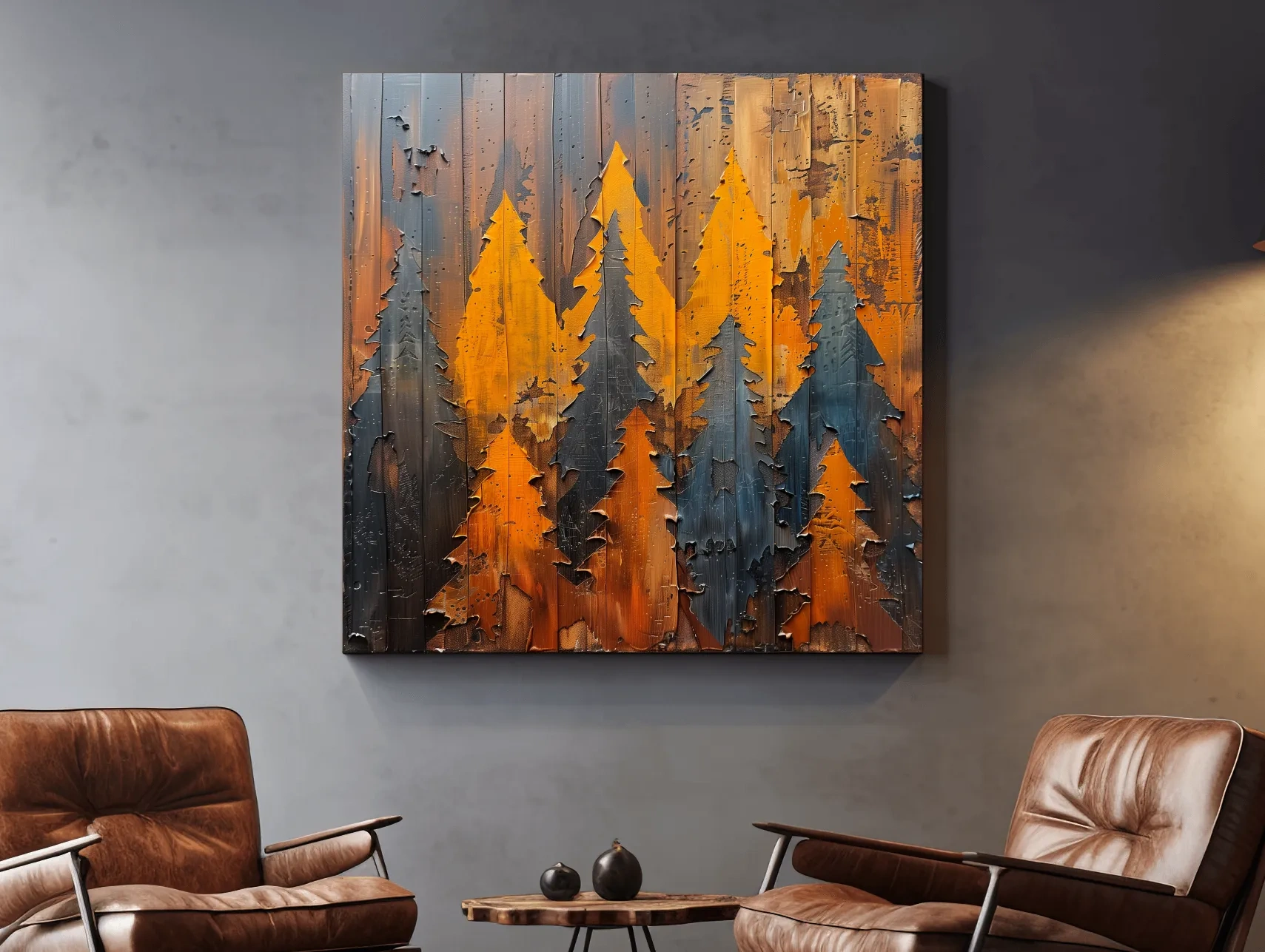 Textured Autumn Pine Forest Silhouettes - Rustic Painted Wood Wall Art