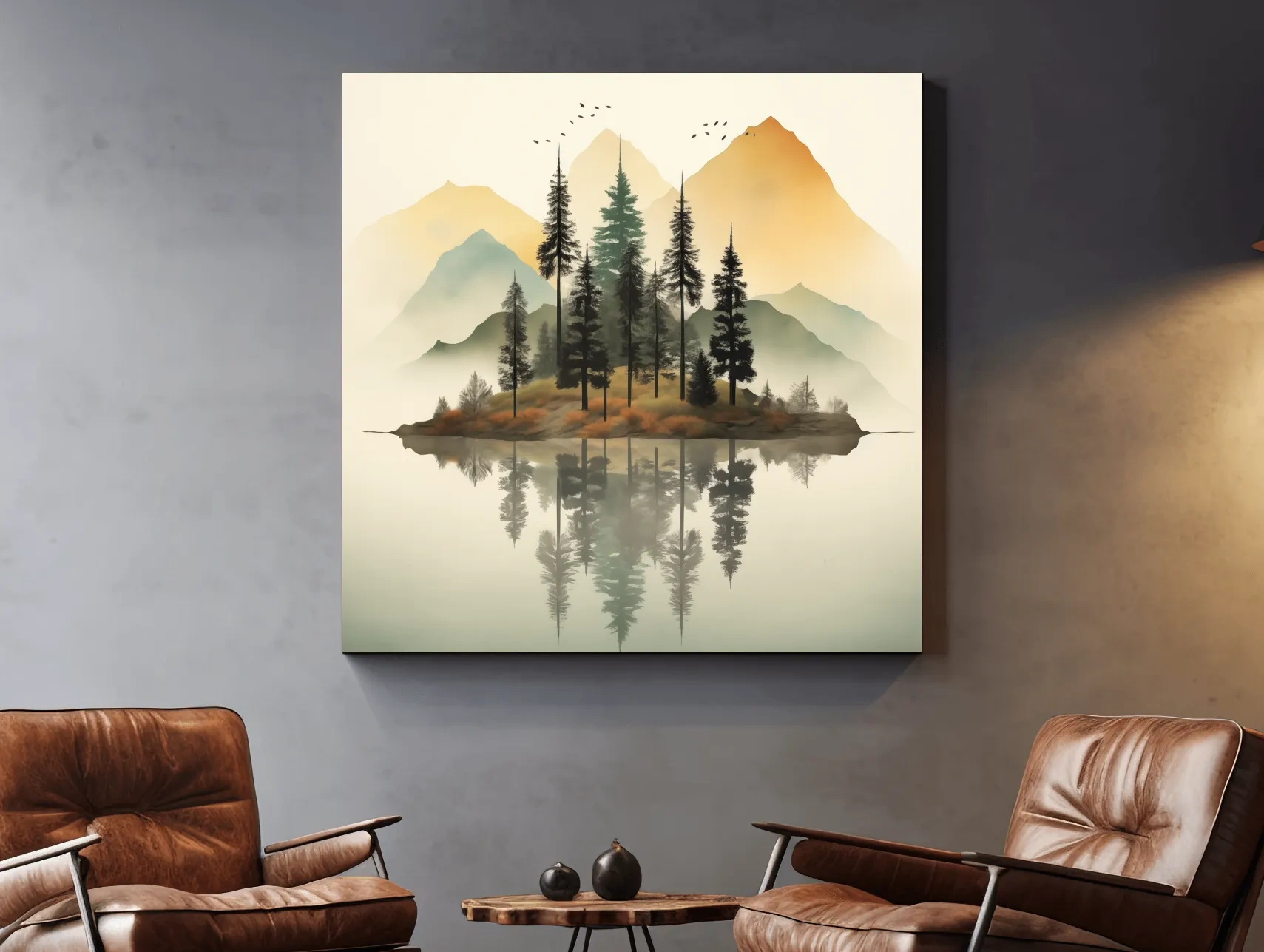 Misty Pine Forest Island Reflection - Minimalist Mountain Lake Wall Art