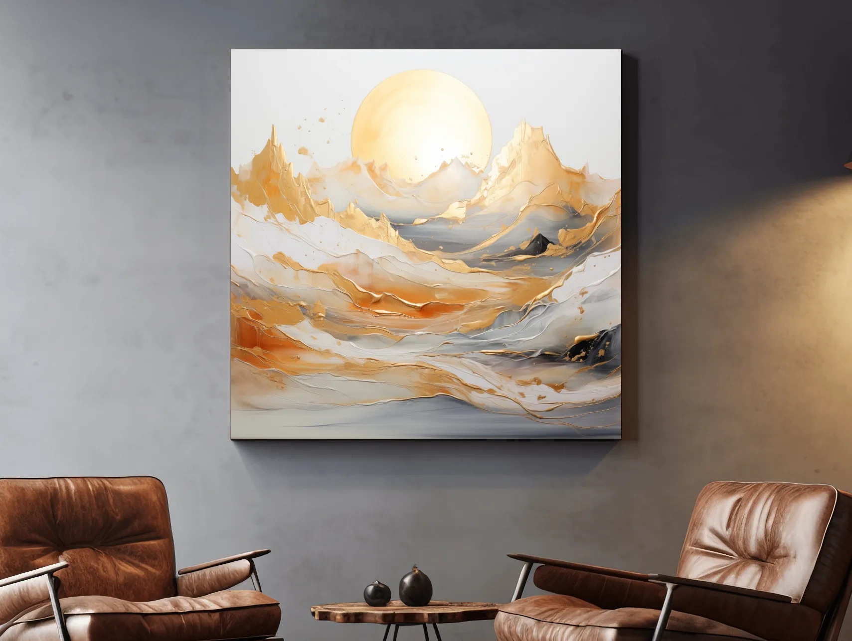 Gold Leaf Abstract Mountains Painting - Minimalist Sunrise Landscape Wall Art