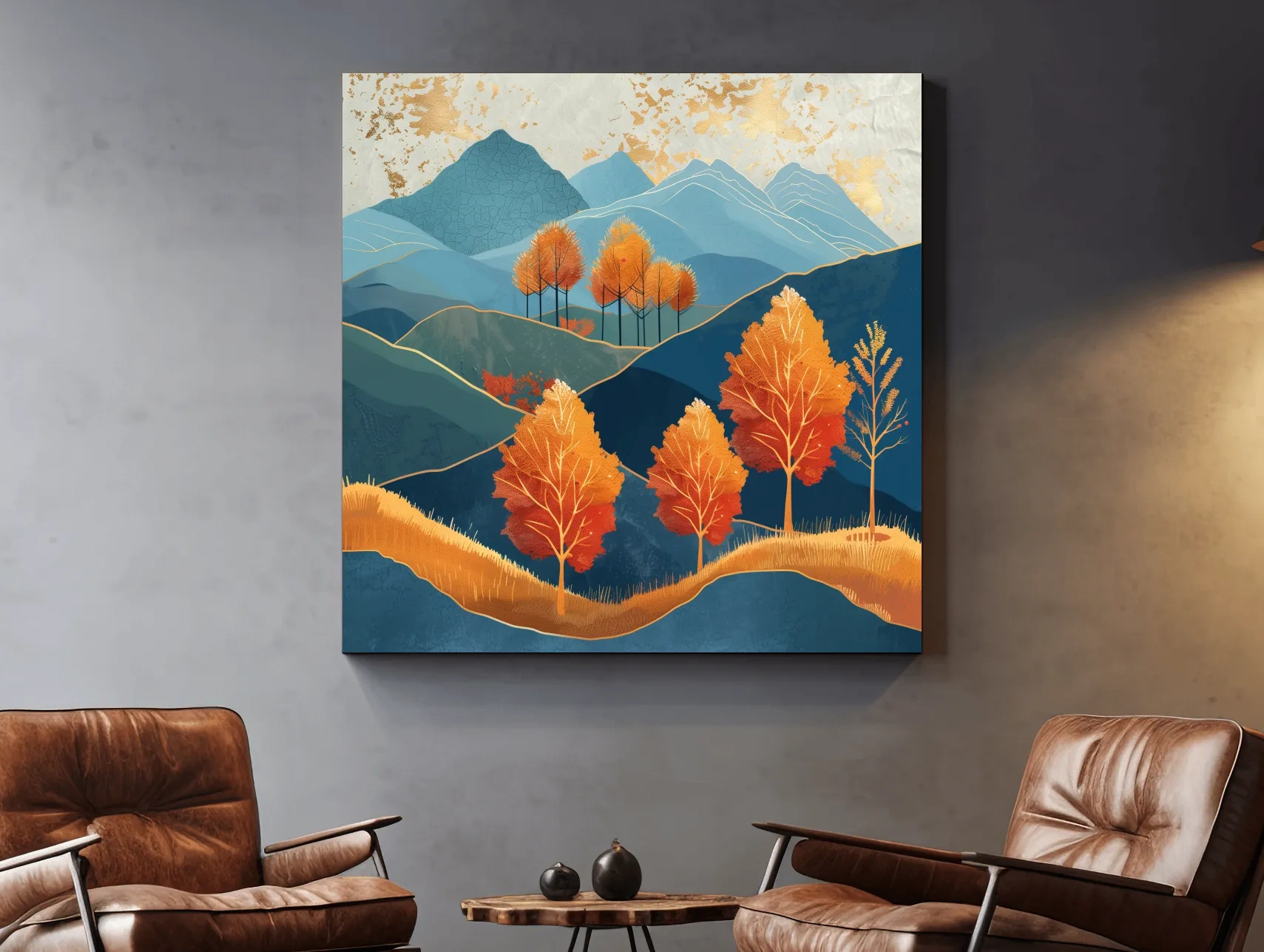 Autumn Aspen Trees In Layered Blue Mountains - Modern Gold Leaf Style Wall Art