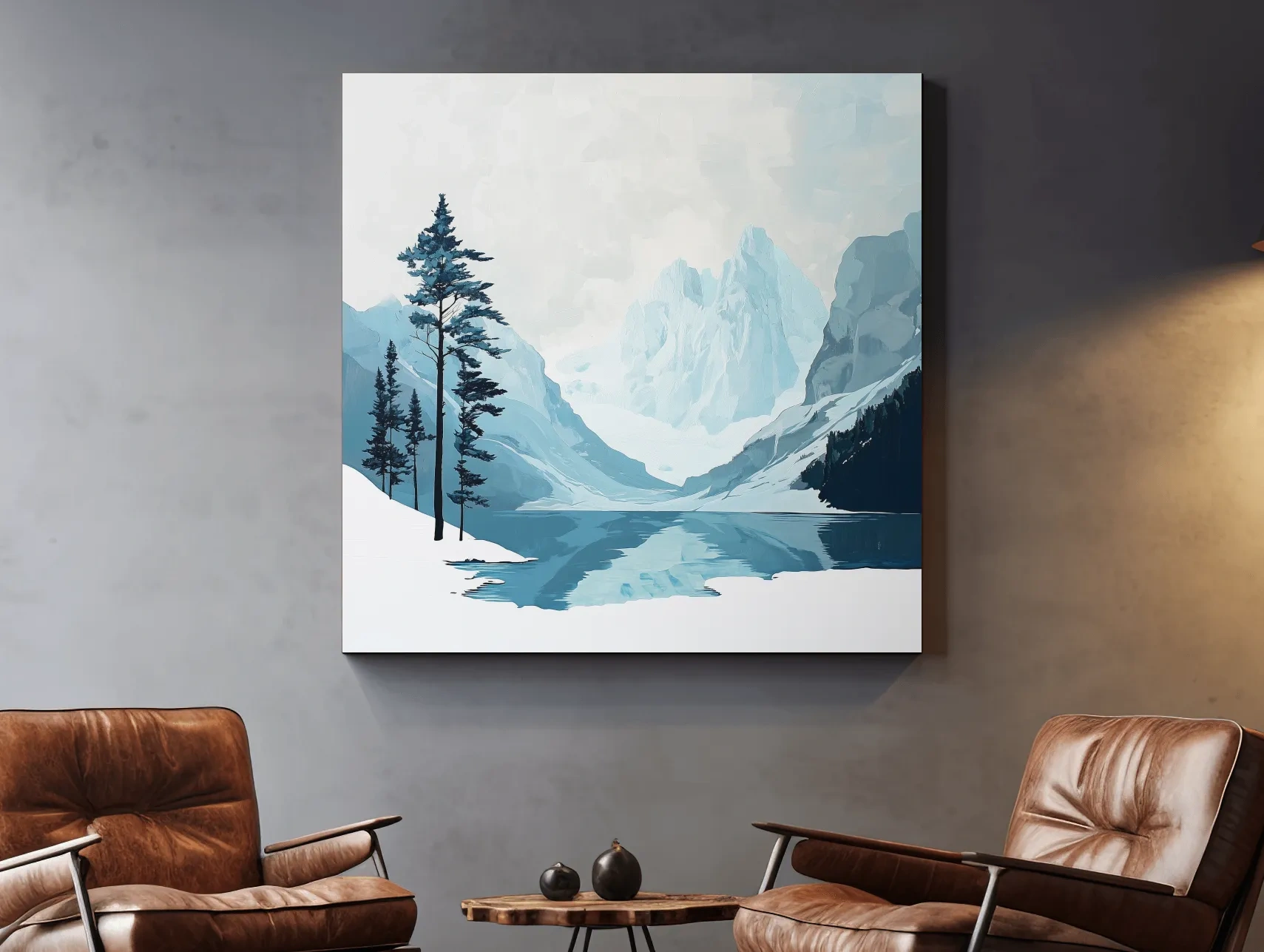 Minimalist Icy Mountain Lake - Scandinavian Winter Landscape Artwork