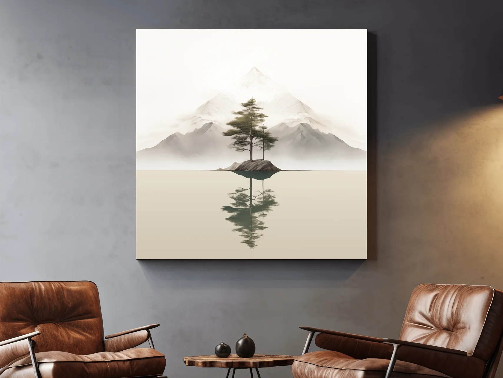 Minimalist Misty Lake Landscape Artwork - Serene Zen Pine Tree Reflection Art