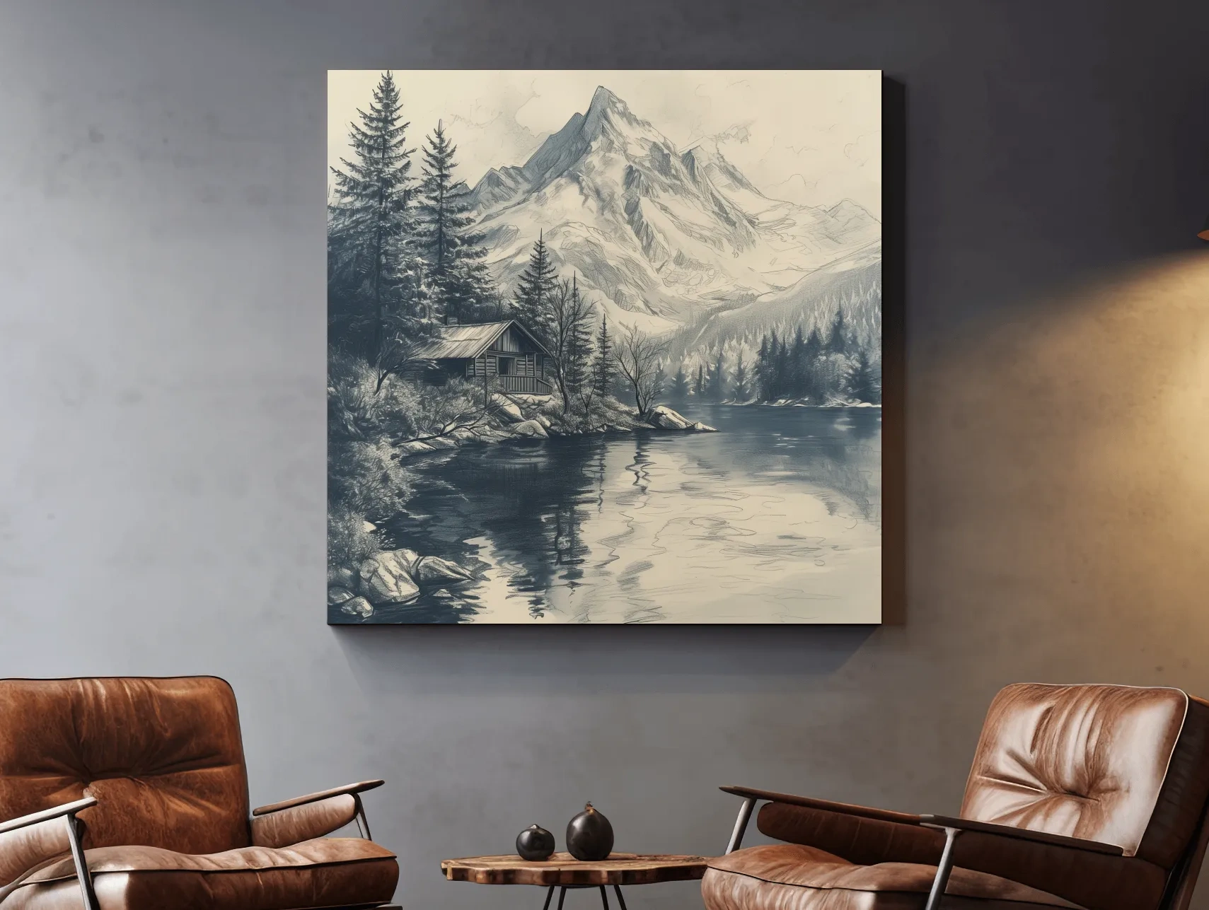 Vintage Alpine Cabin By Mountain Lake - Monochrome Pencil Sketch Landscape Wall Art