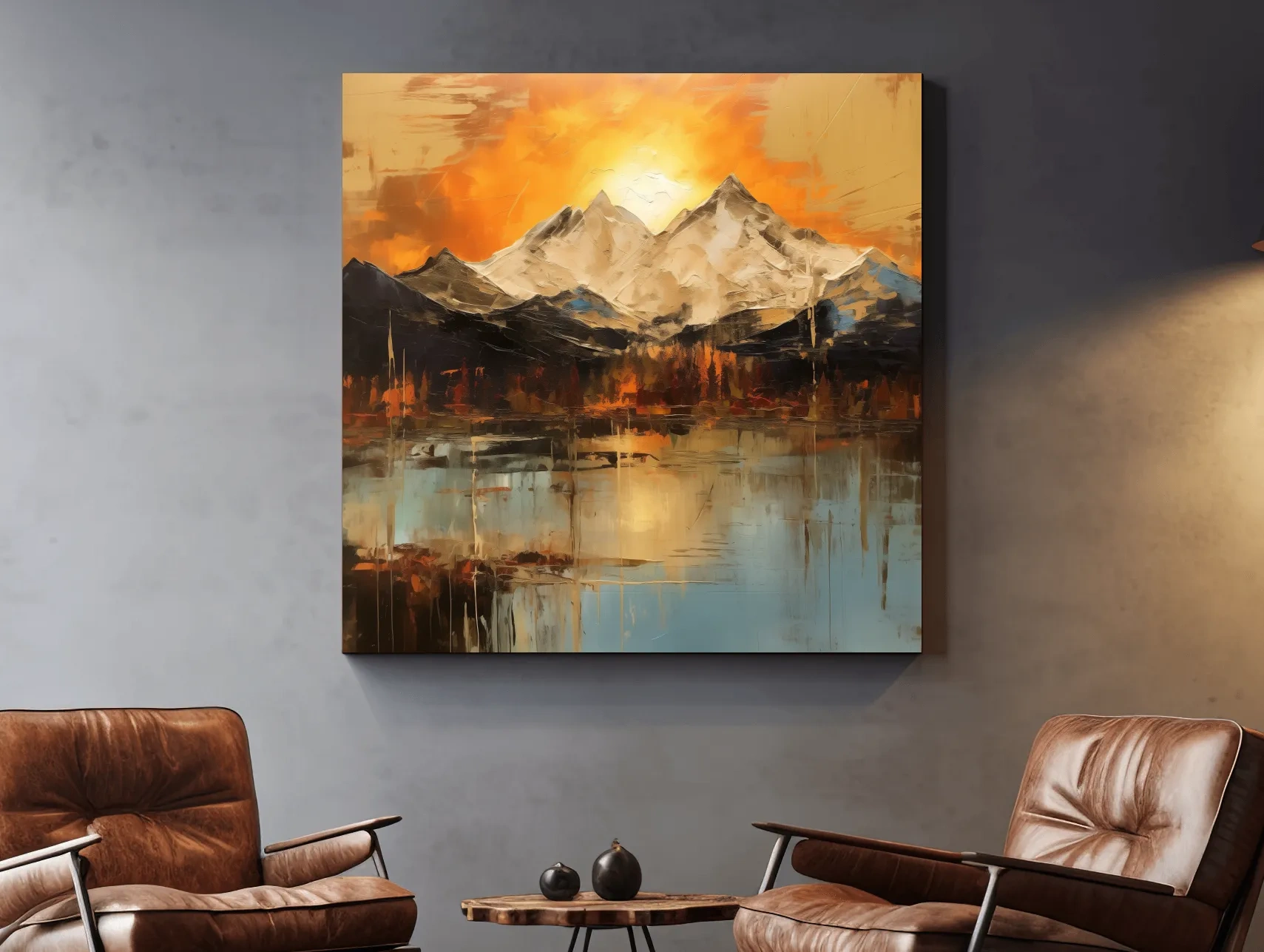 Abstract Mountain Lake Sunset - Textured Effect Alpine Wall Art