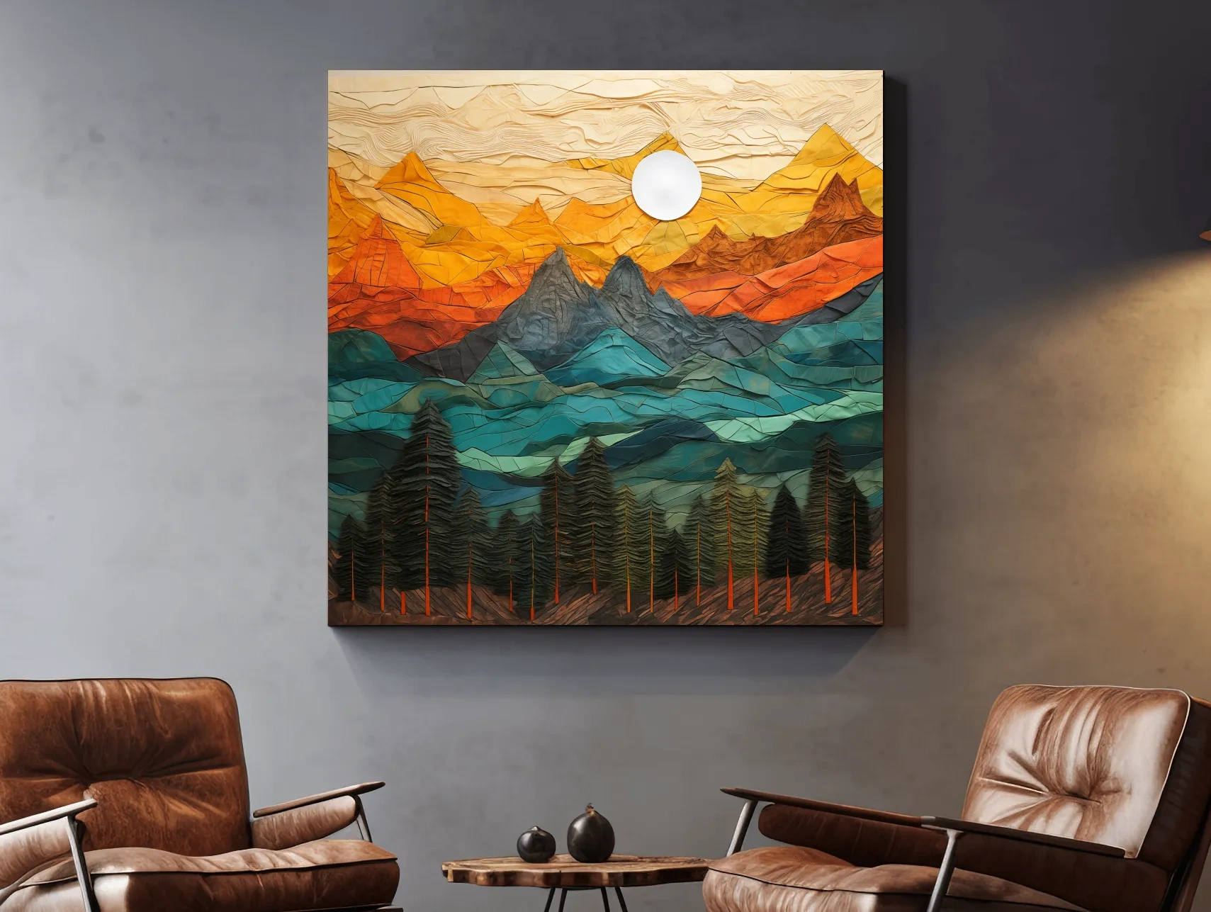 Layered Paper Cut Style Mountain Sunset - Colorful Abstract Forest Landscape Wall Art