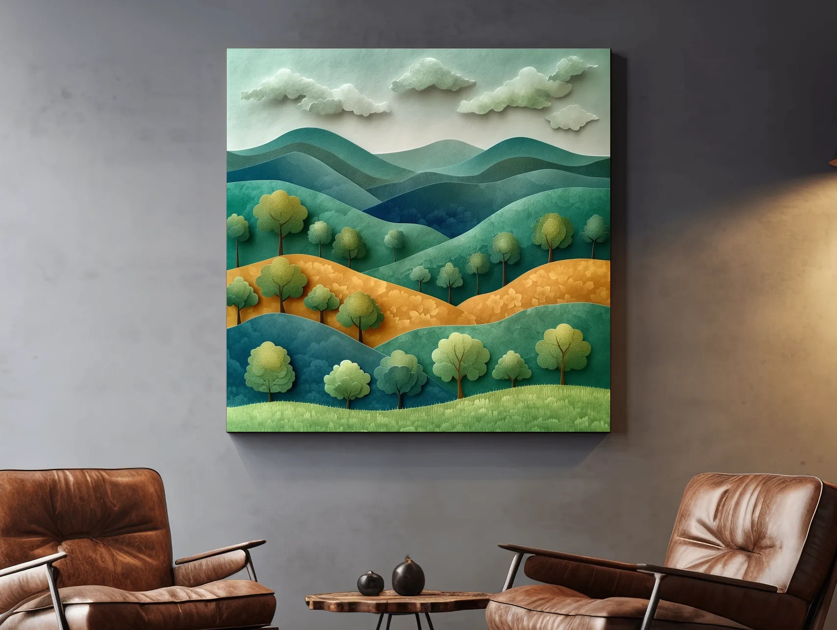 Whimsical Paper Cut Forest Hillscape - Layered 3D Mountains Landscape Wall Art