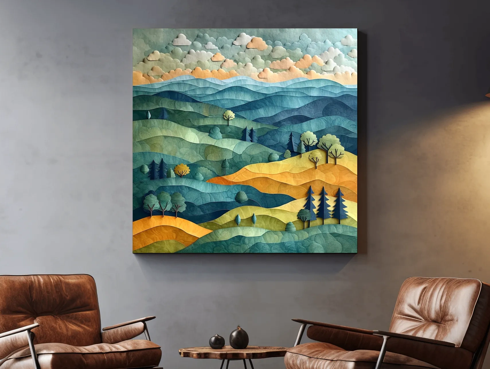 Layered Paper Cut Mountain Landscape - Mixed Media Forest Wall Art