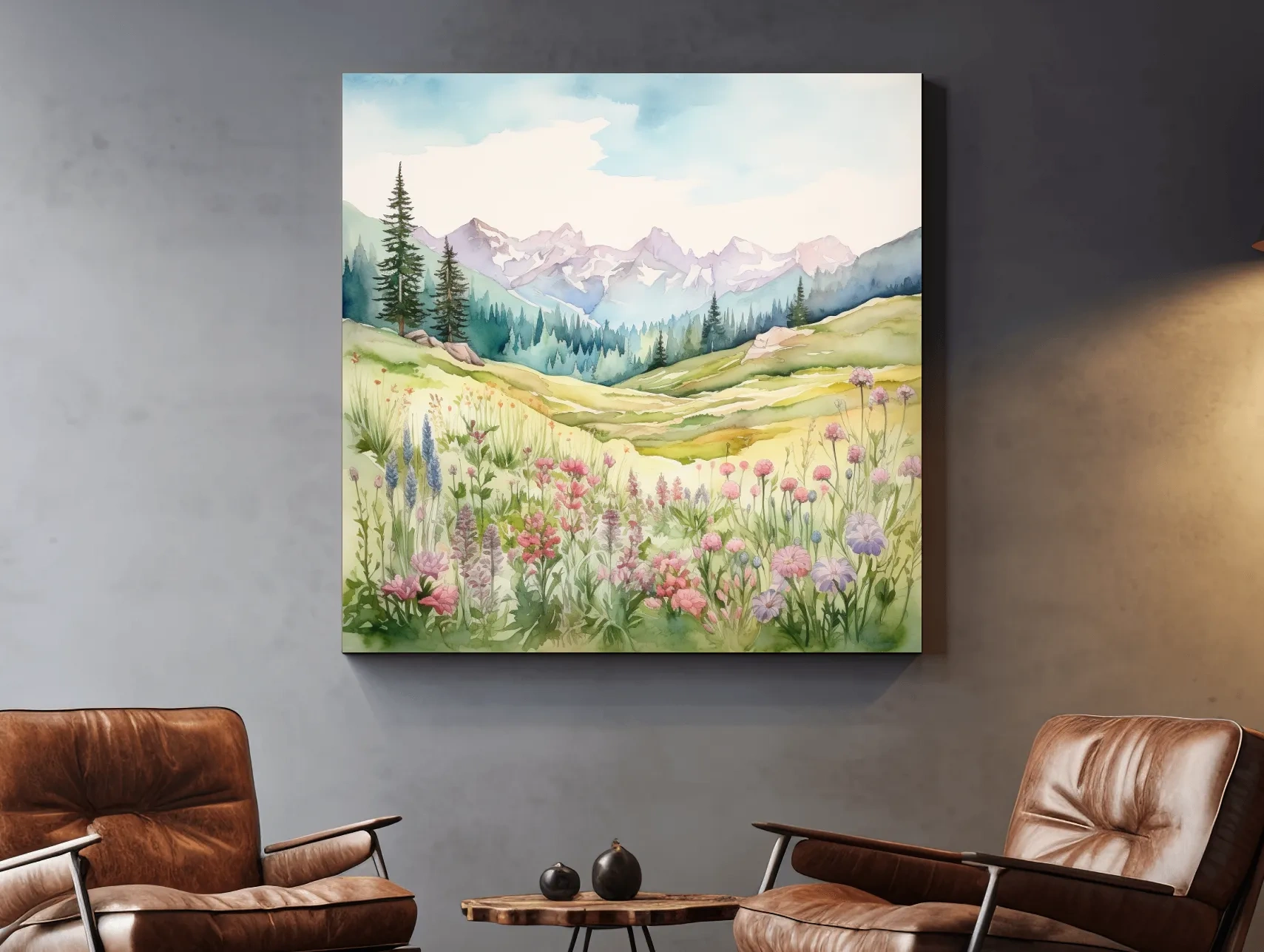 Alpine Meadows Wildflower Watercolour - Pastel Mountains Landscape Wall Art