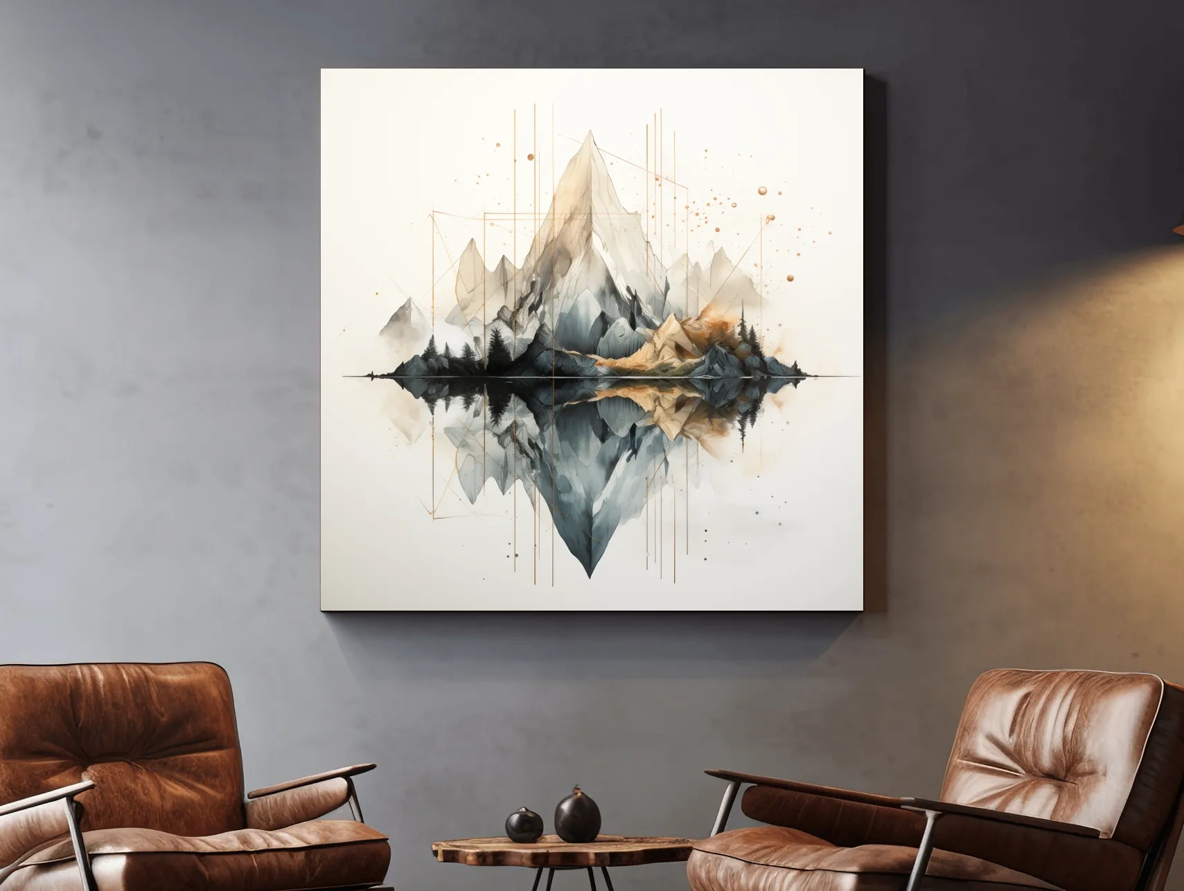 Geometric Watercolor Mountain Reflection Landscape - Modern Minimalist Wall Art