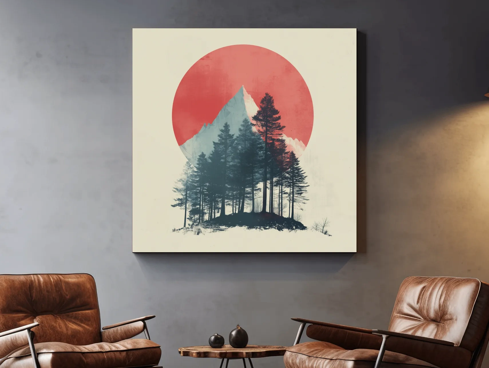 Minimalist Mountain Peak Pine Forest - Scandinavian Sunset Landscape Wall Art