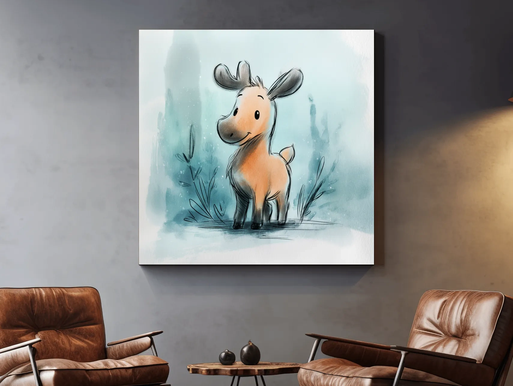 Cute Baby Moose Watercolor Illustration - Whimsical Nursery Wildlife Wall Art