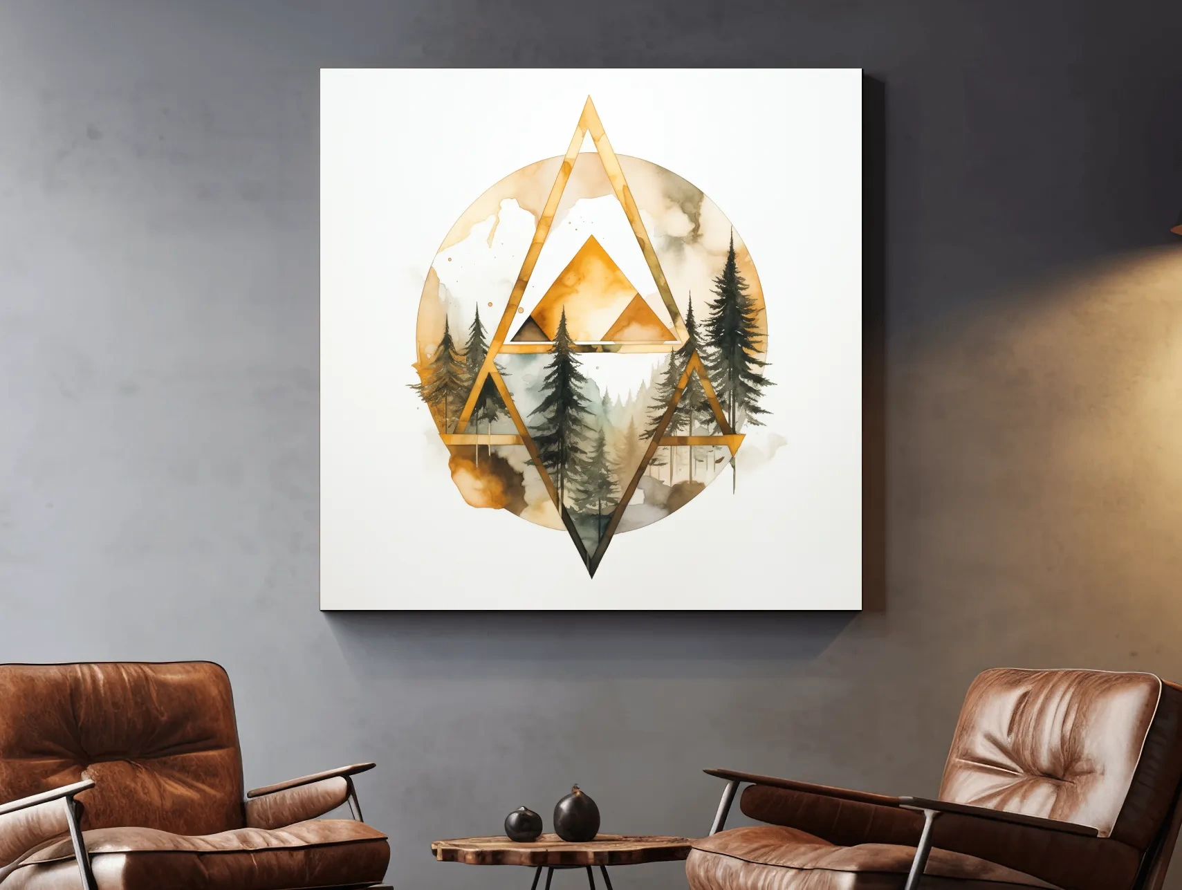 Rustic Elegant Watercolor Mountain Pine Forest - Abstract Golden Geometric Nature Wall Art