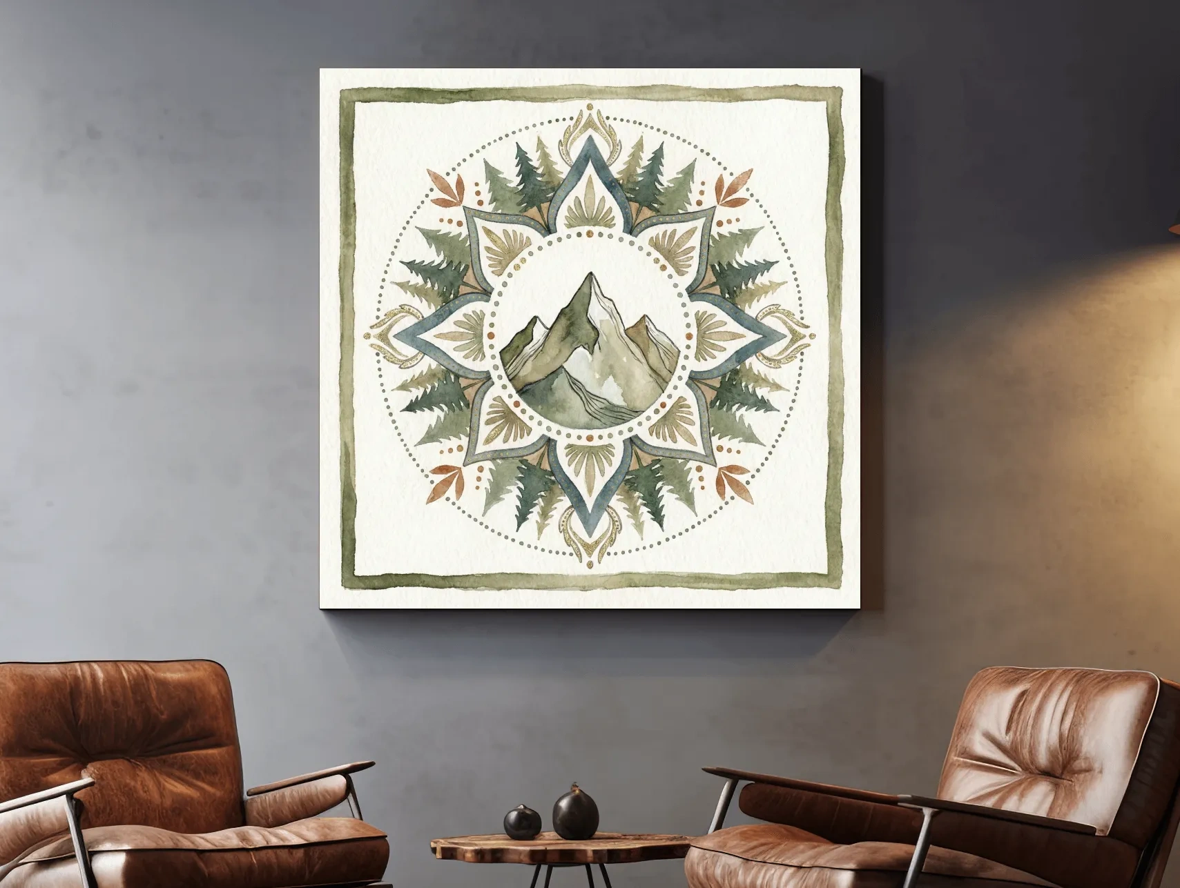 Mountain Mandala Watercolor - Boho Botanical Nature Wall Art
