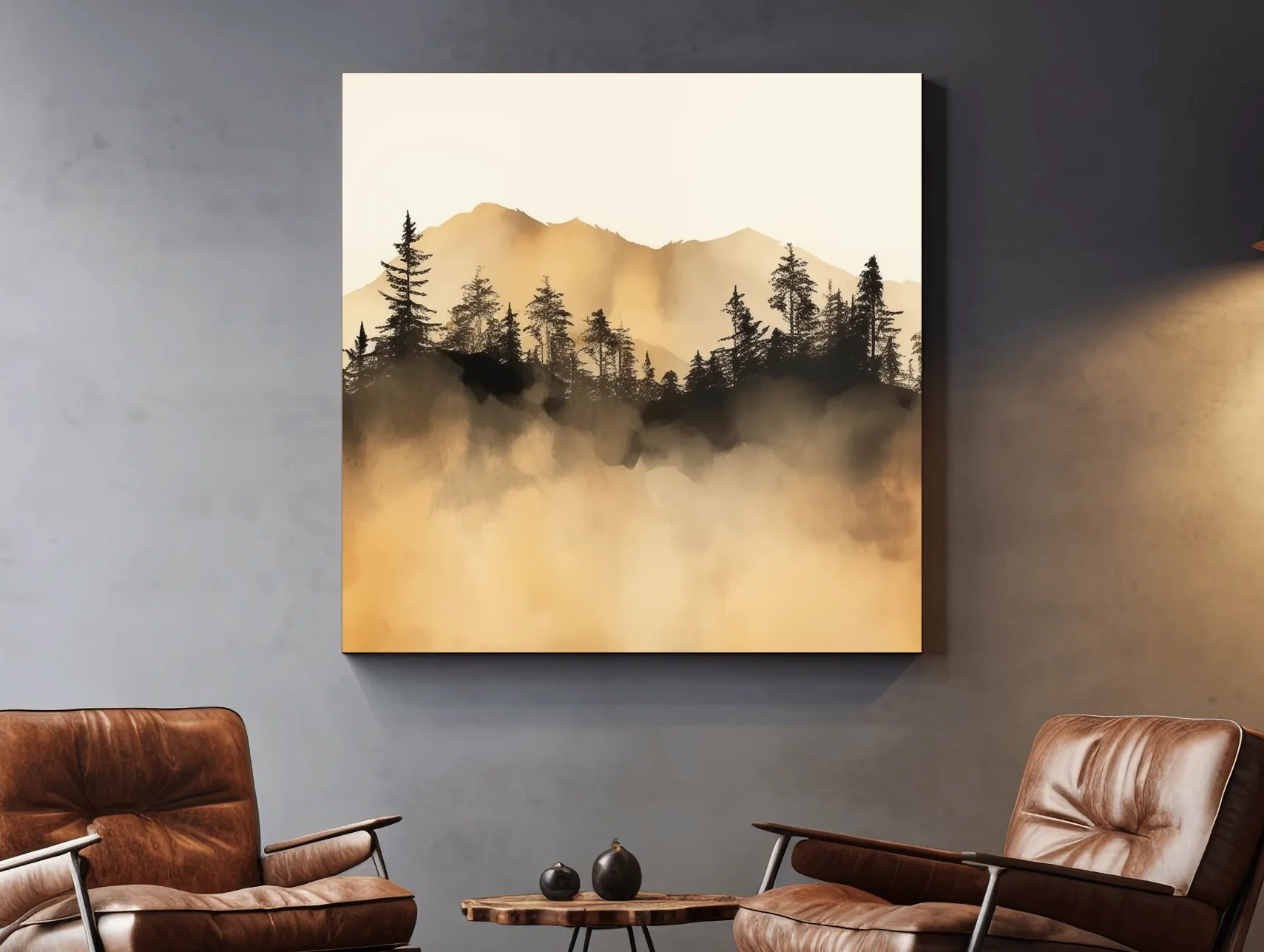 Misty Golden Mountain Pine Forest - Sepia Watercolor Landscape Wall Art