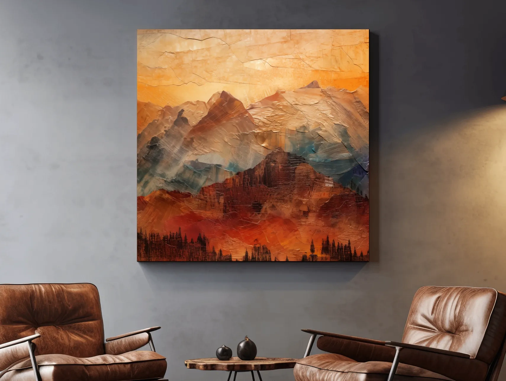 Impasto Style Abstract Mountain Range Sunset - Warm Rustic Landscape Wall Art