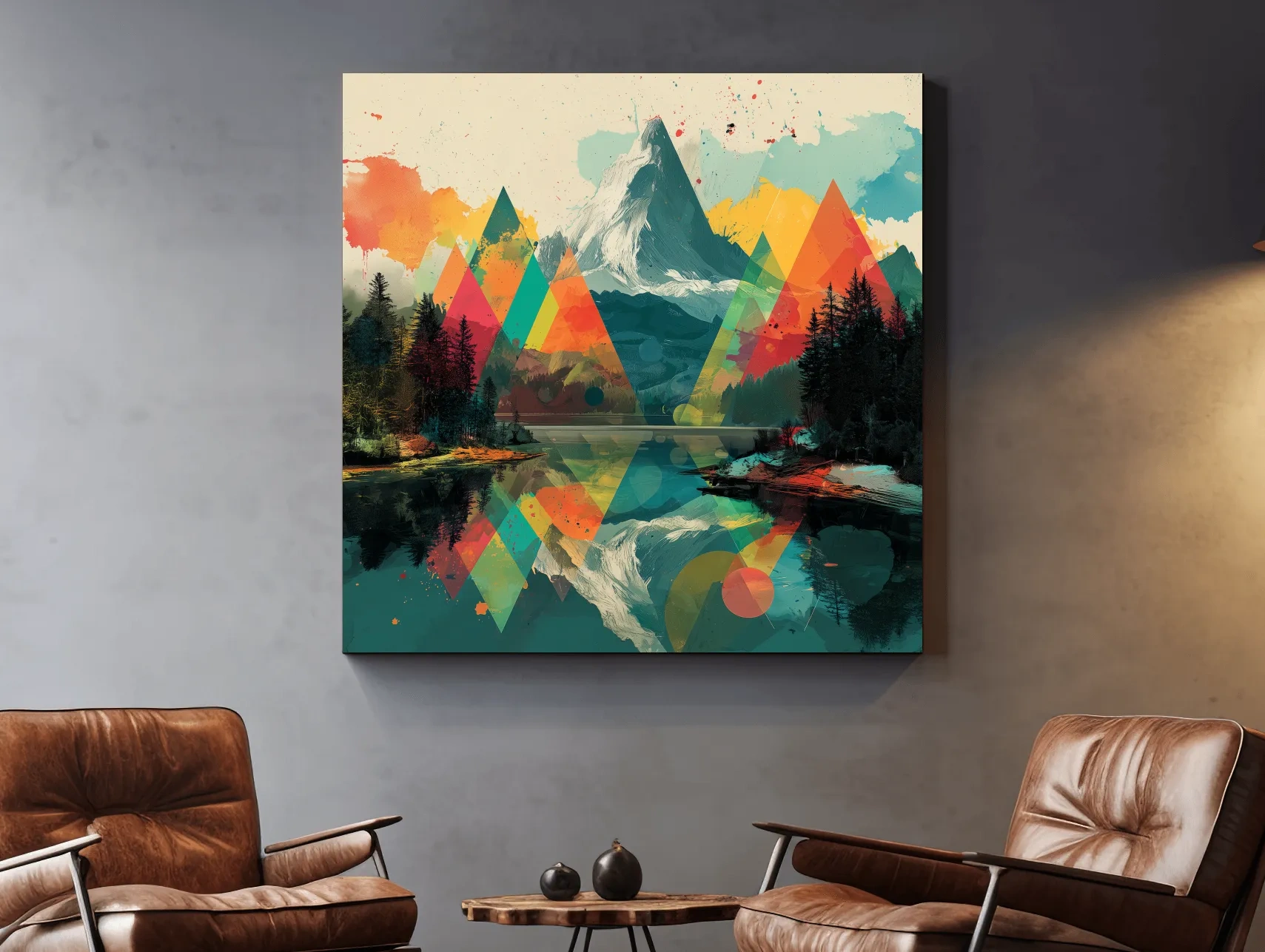 Vibrant Abstract Mountain Lake Collage Art - Colorful Alpine Wall Art