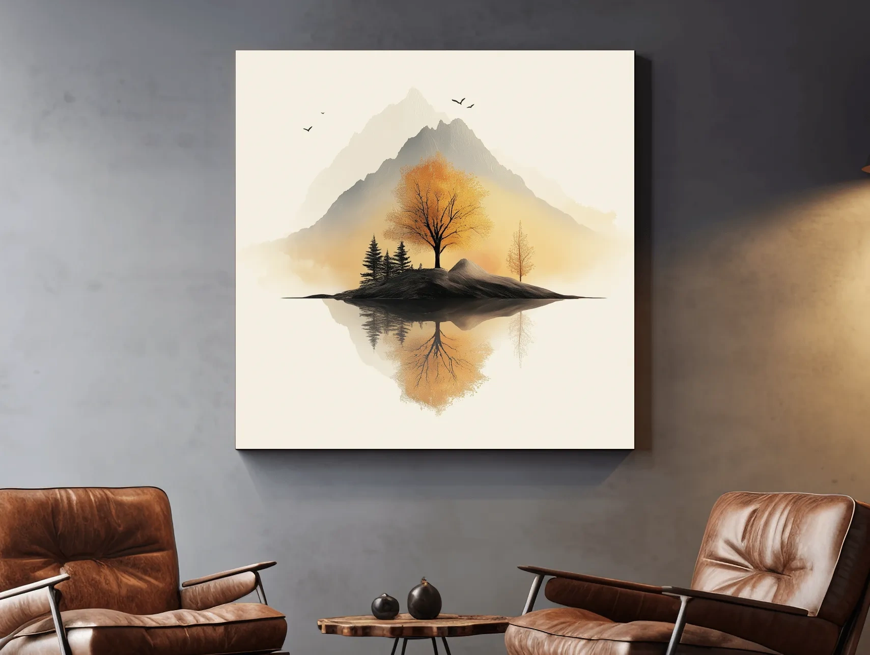Minimalist Misty Mountain Lake Illustration - Serene Autumn Tree Landscape Wall Art