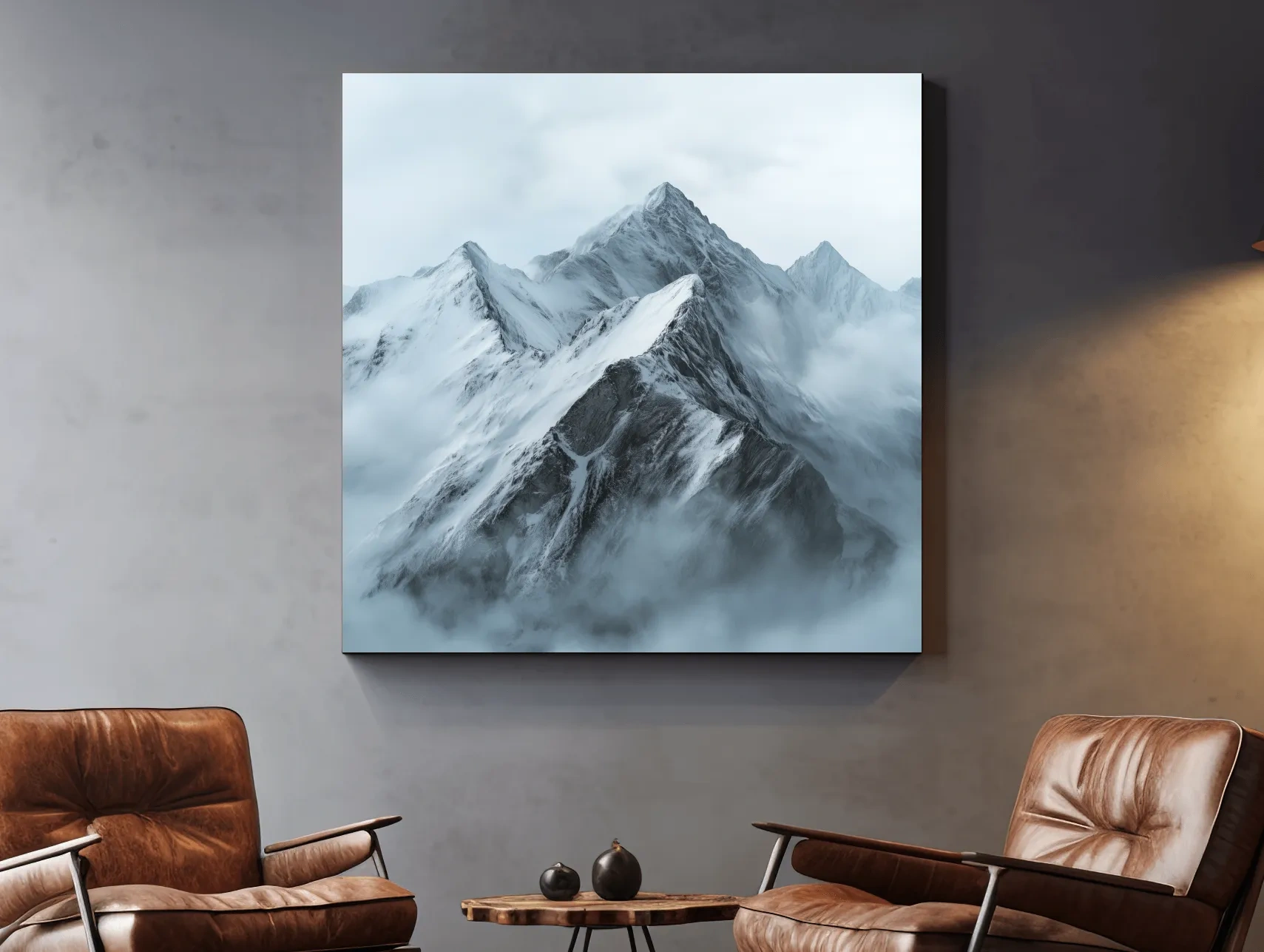 Misty Snowcapped Alpine Peak Landscape - Monochrome Photographic Mountain Wall Art