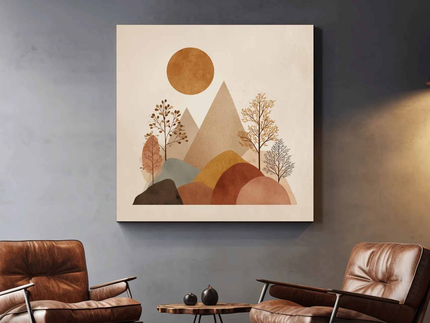 Minimalist Scandi Mountain Sunset Landscape - Boho Neutral Earth Tone Wall Art
