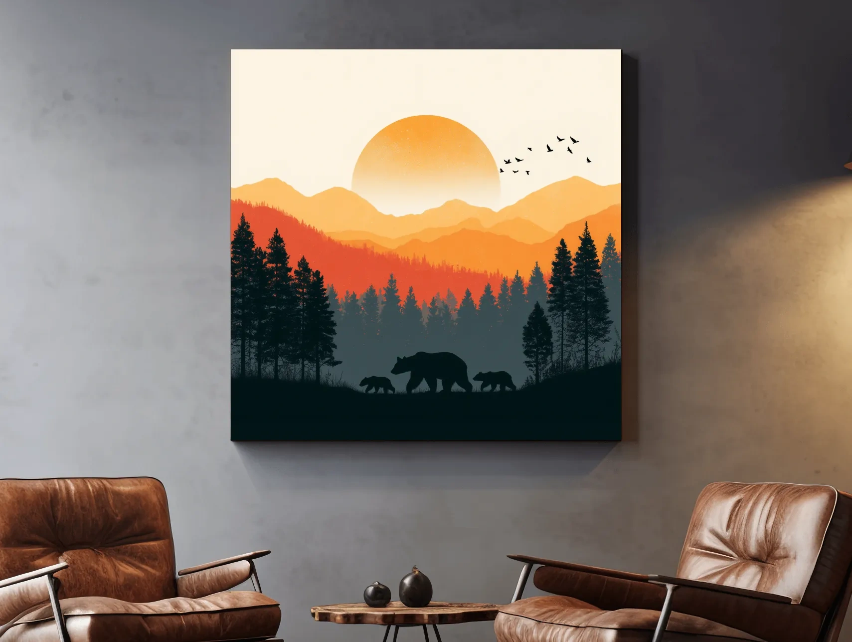Sunset Mama Bear & Cubs Silhouette - Wildlife Forest Landscape Wall Art