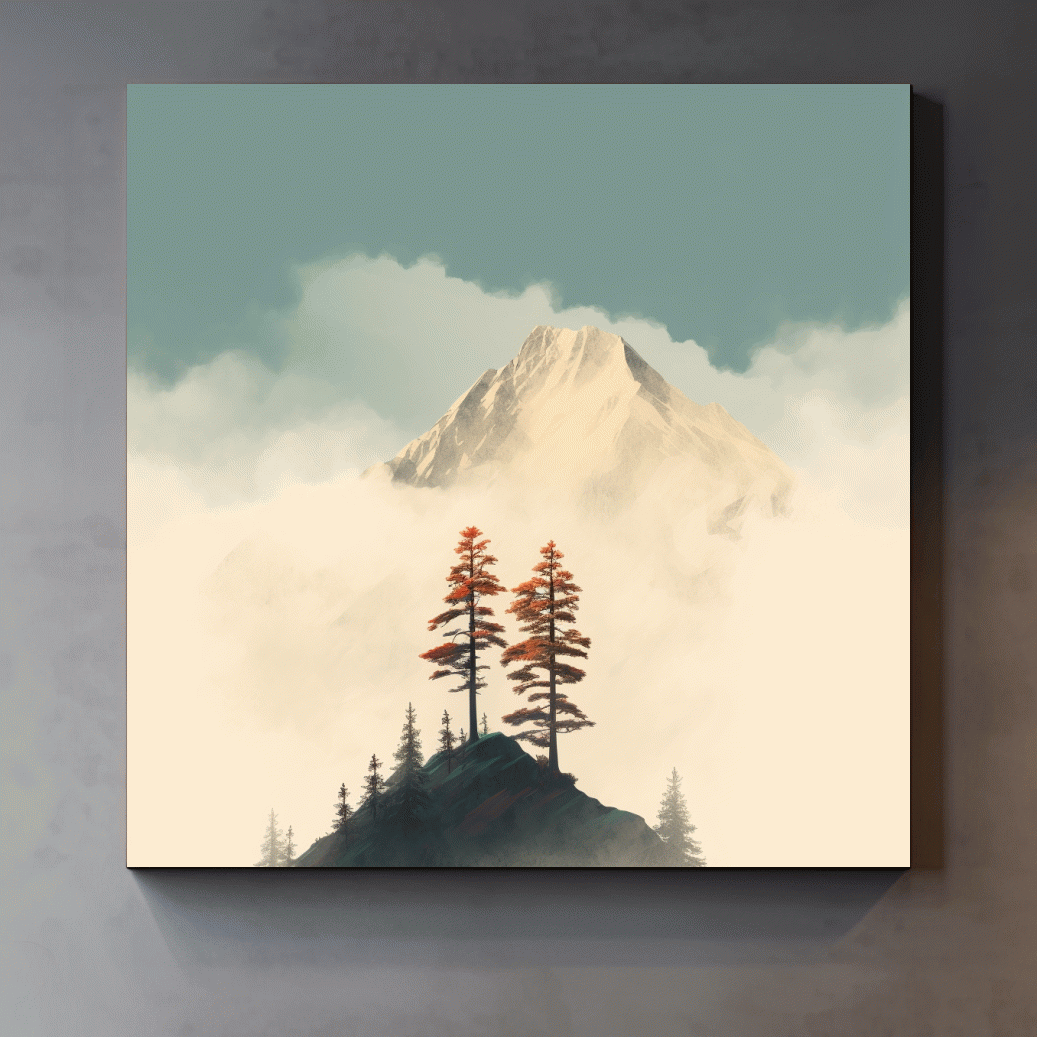 Misty Alpine Peak With Autumn Pines - Minimalist Mountain Artwork
