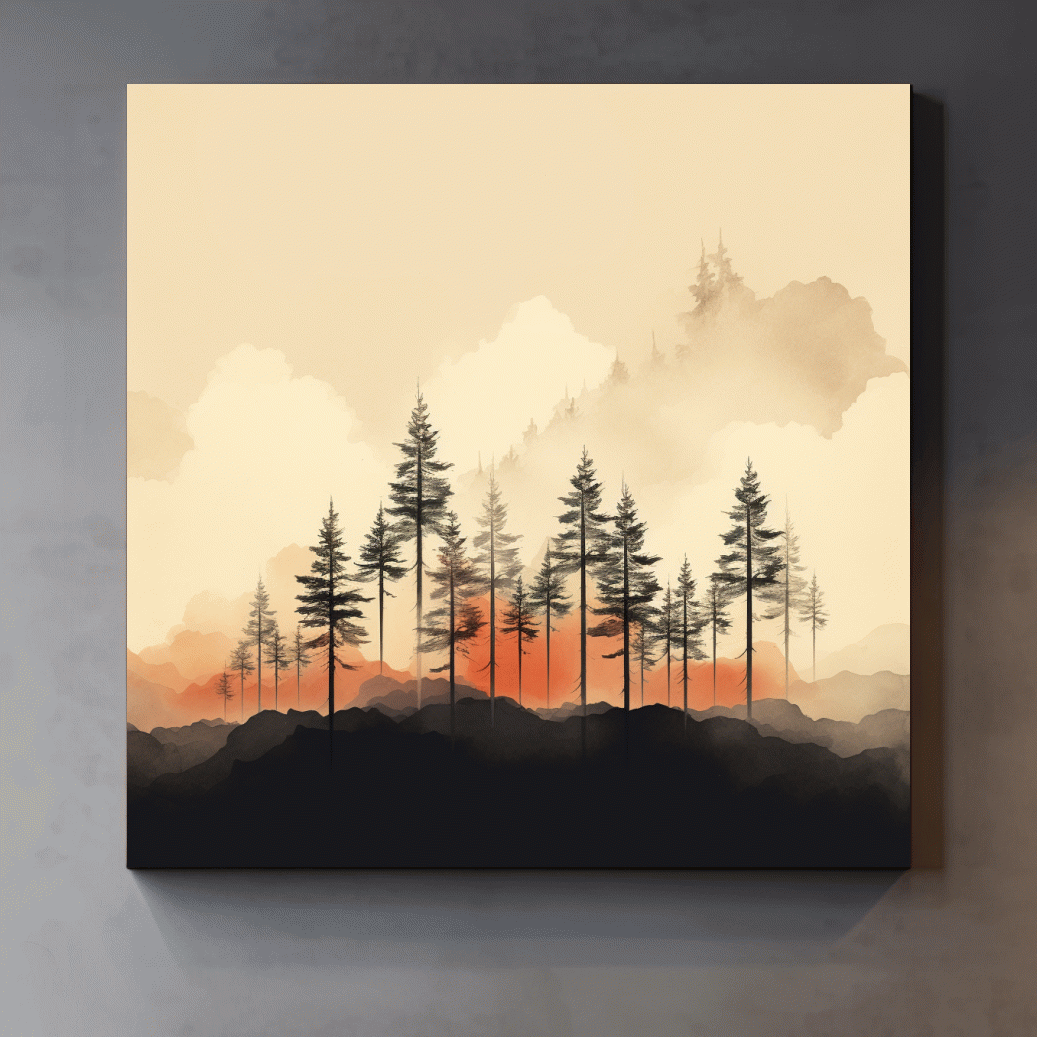 Misty Pine Forest Silhouettes At Sunrise - Minimalist Watercolor Mountain Wall Art