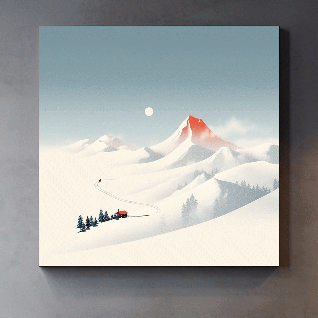Minimalist Snowy Mountain Cabin Landscape - Nordic Winter Wall Art