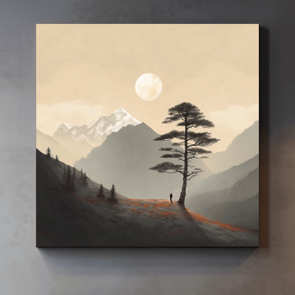 Minimal mountain art, lonely tree