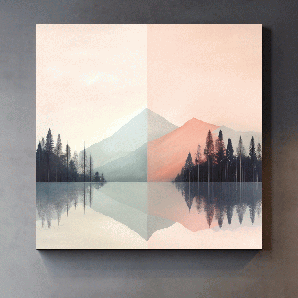 Mimimal mountain art, alpine treelined lake