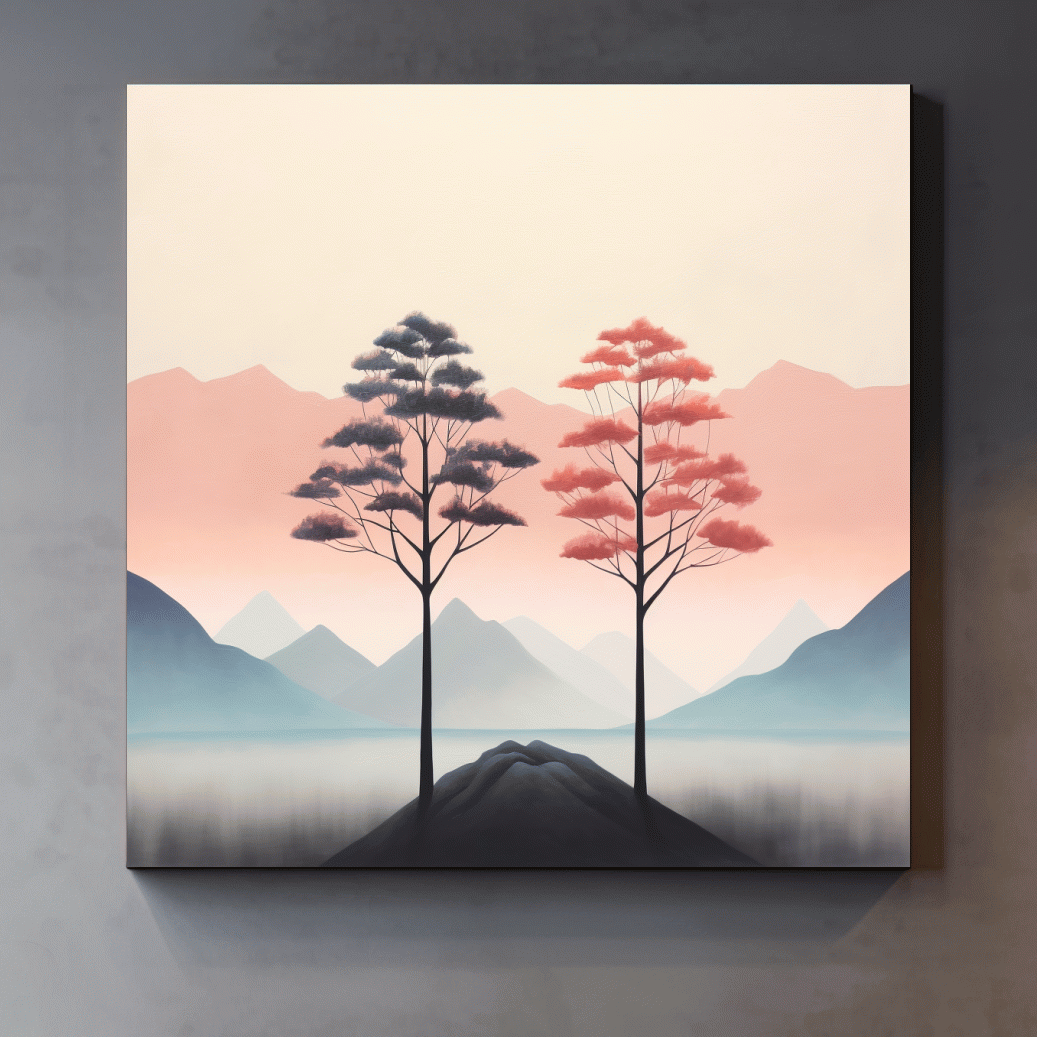 Minimalist Twin Pine Trees Landscape - Serene Pastel Mountain Lake Wall Art