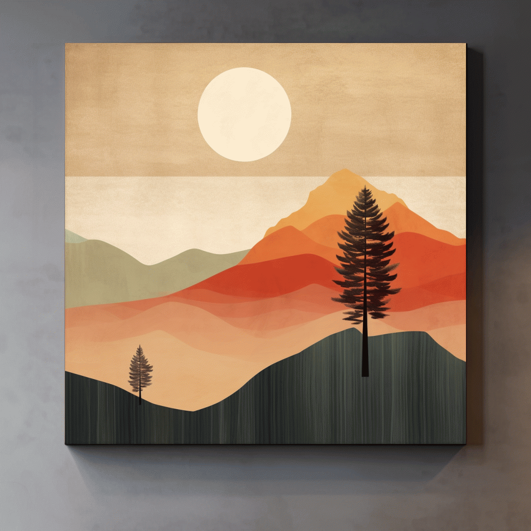 Mimimalist mountain art, sunset over the mountains