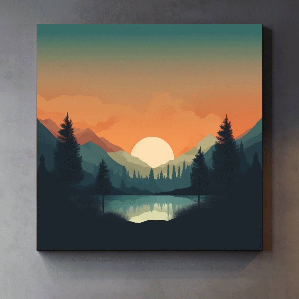 Minimalist Sunset Mountain Lake Reflection - Serene Scandinavian Artwork