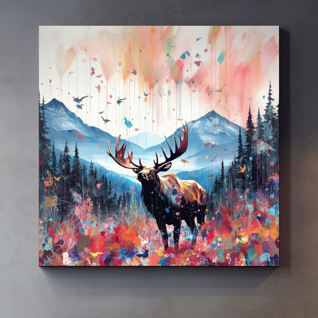 Abstract splattered painting of a large moose
