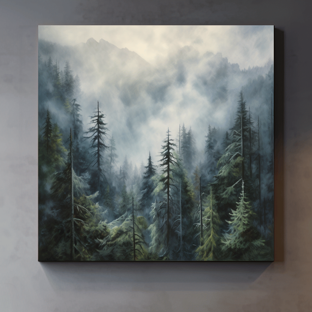 Moody Misty Pine Forest Mountains - Atmospheric Landscape Painting Wall Art