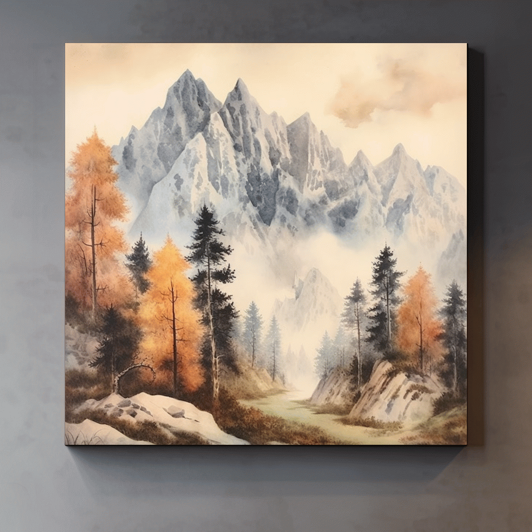 Watercolour painting of mountains and trees