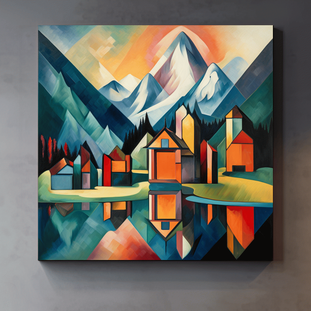 Abstract painting of a mountain town by a glacier