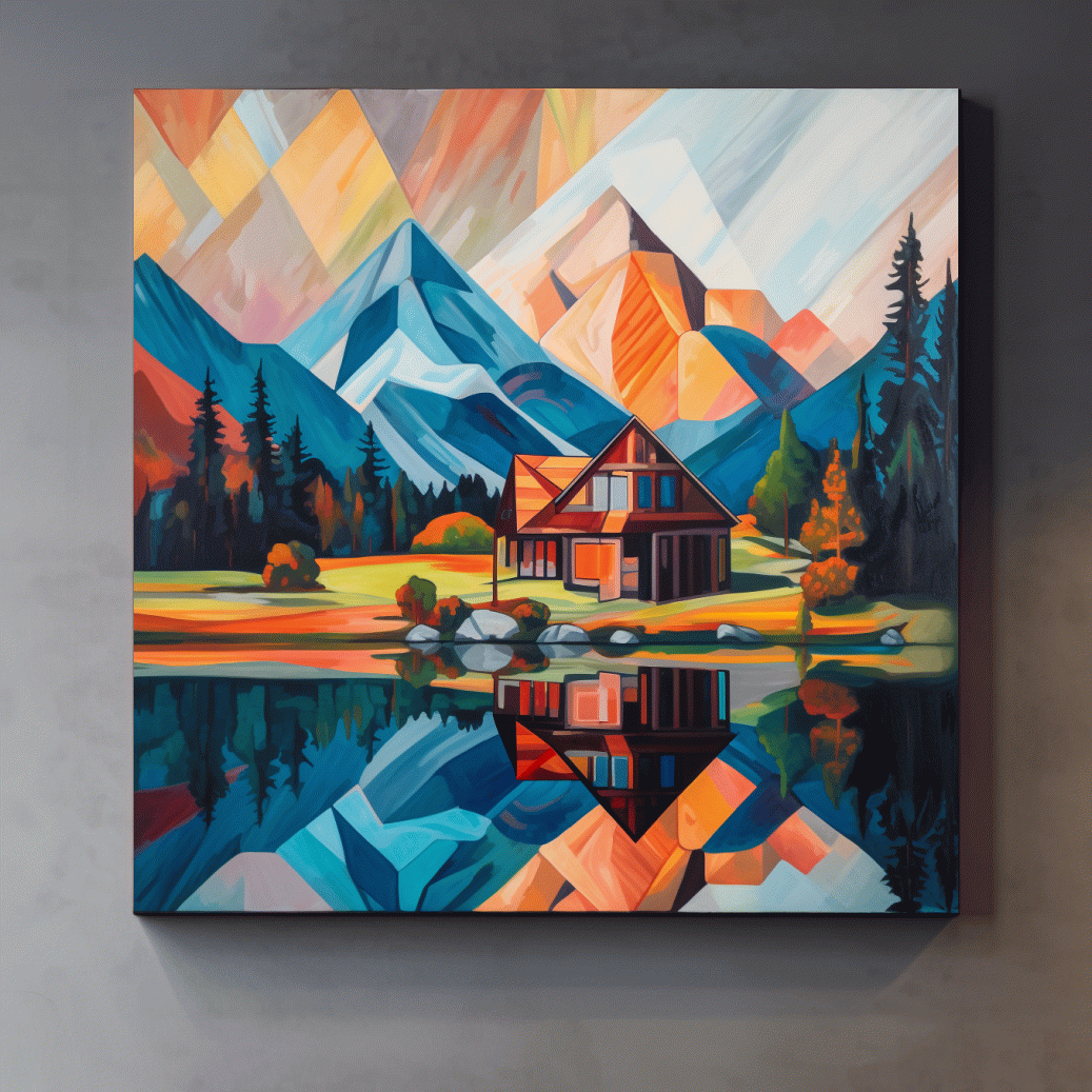 Vibrant Geometric Mountain Cabin Lake Reflection - Abstract Sunrise Wall Art