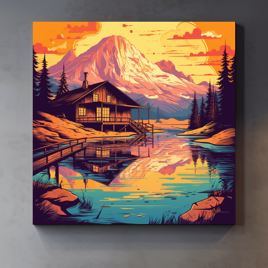 Colourful illustration of a cabin by an alpine lake at sunset