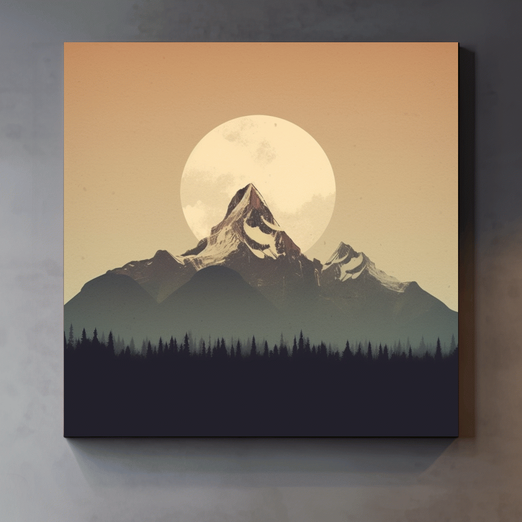 Graphical art of the moon behind a large mountain, minimalist mountain wall art