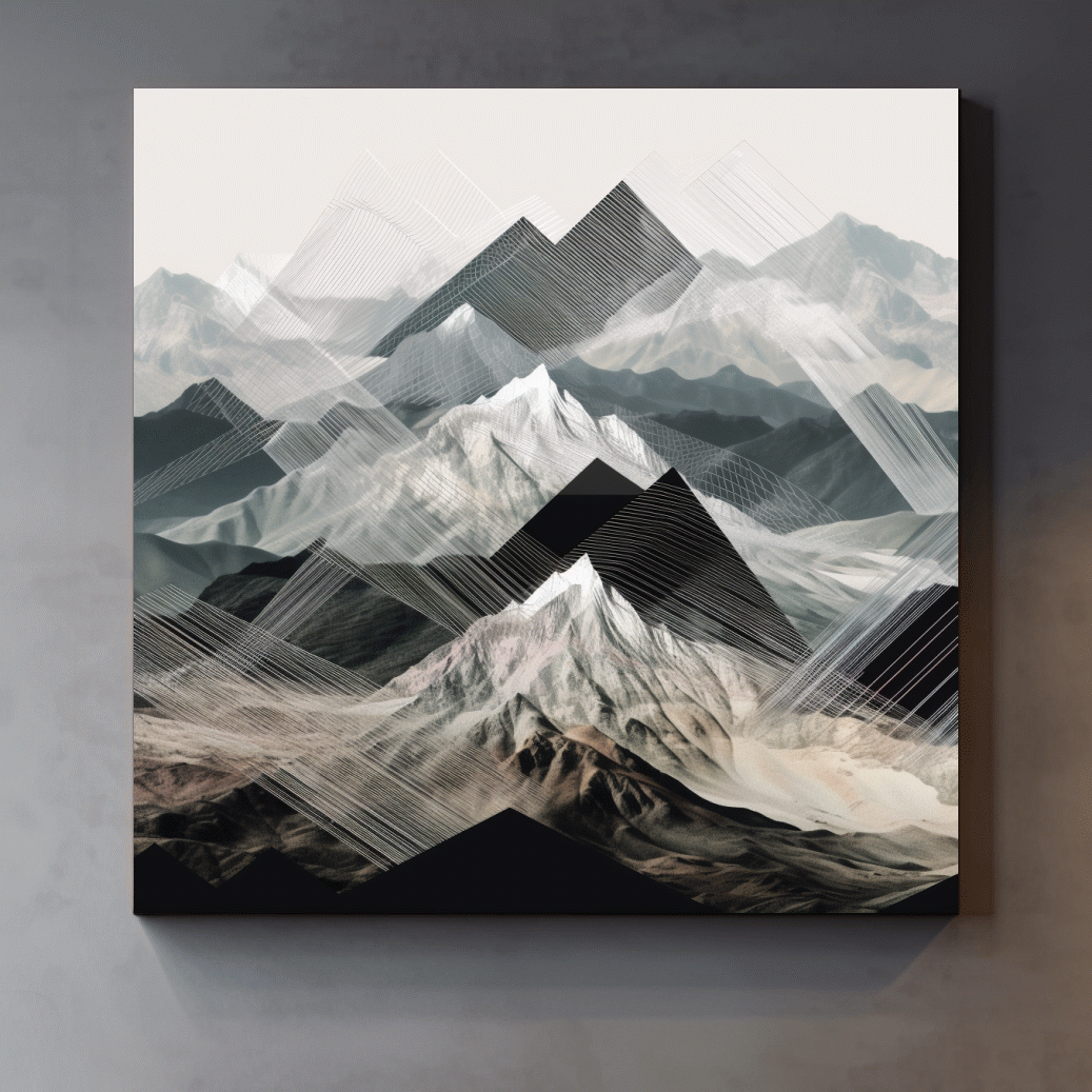Photographic mountain art, overlayed with abstract lines