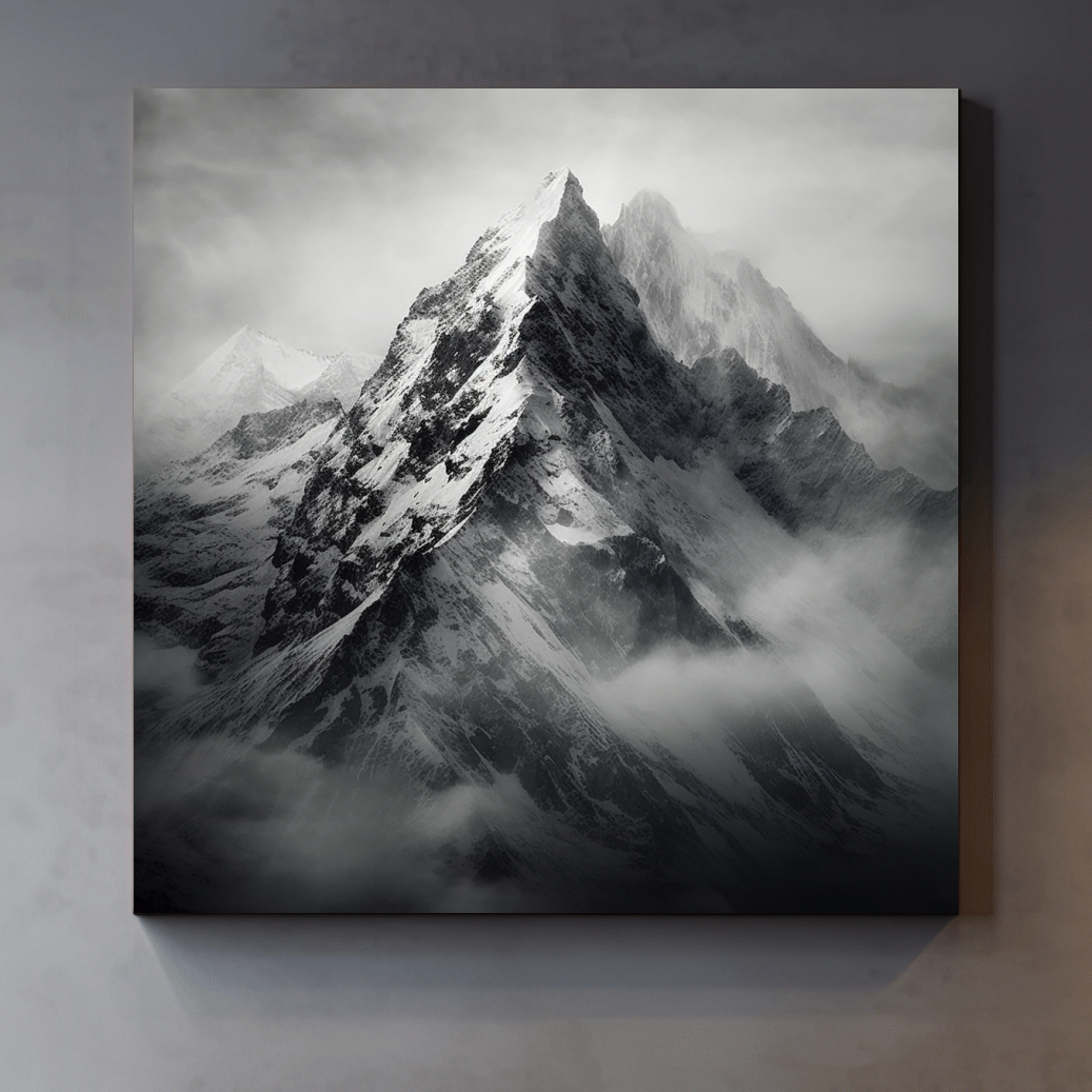 Photographic art, ominous snowy peaks in the clouds