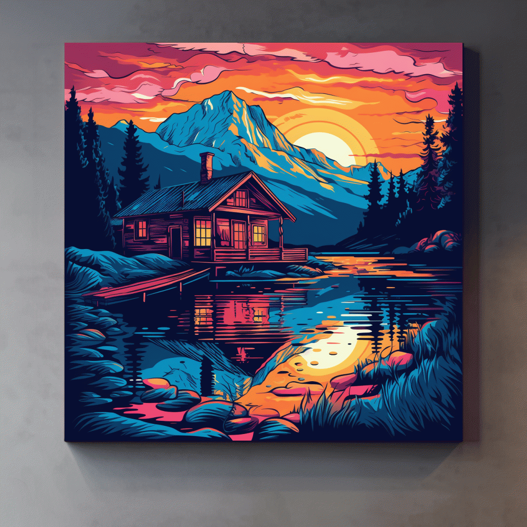Vibrant Retro Alpine Lake Cabin Sunset - Vector Mountain Wall Art