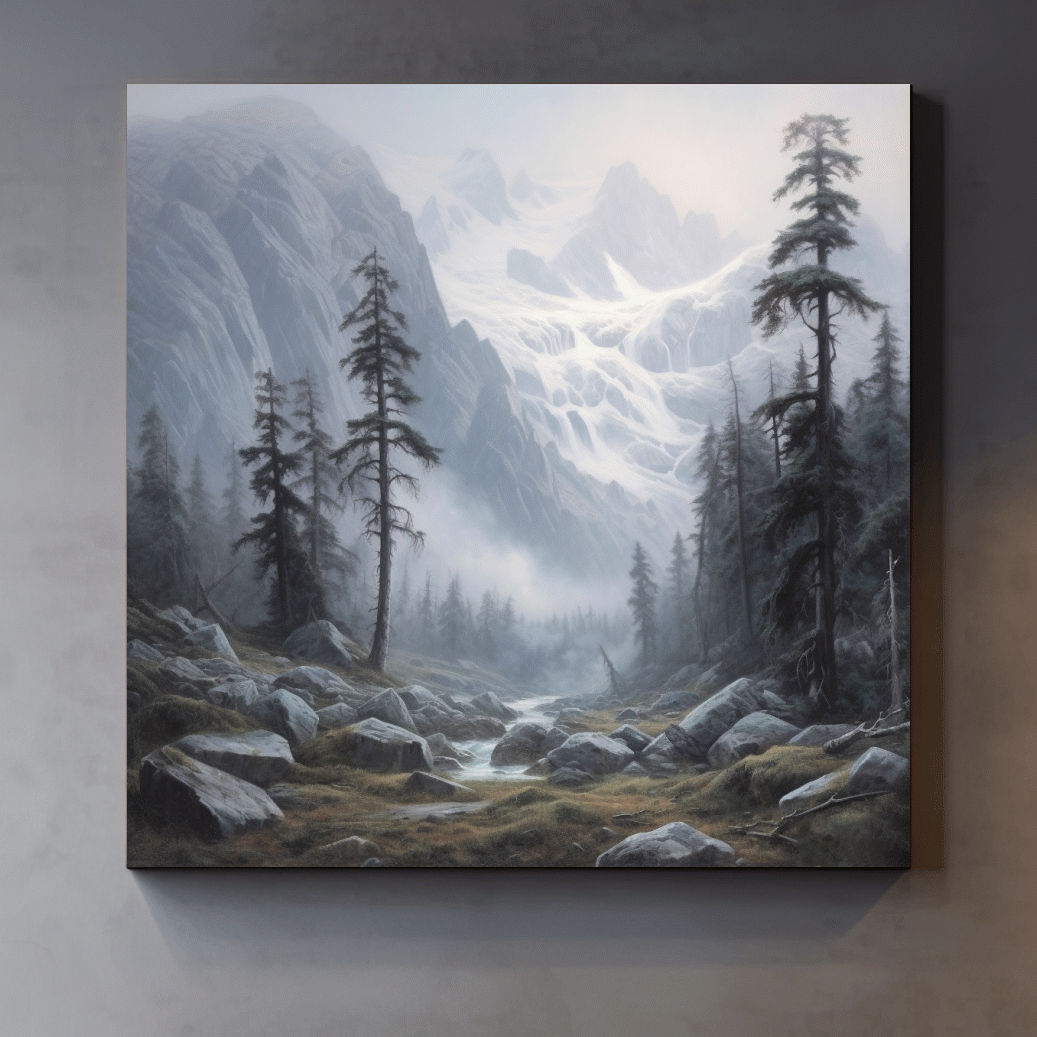 Painting of fog rolling through an alpine scene
