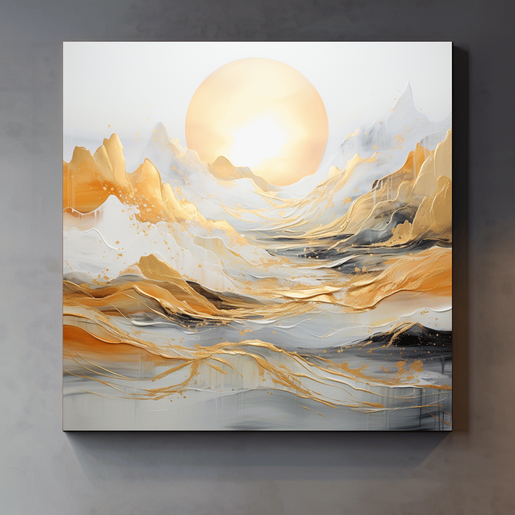 Mountain landscape art, gold leaf painting style