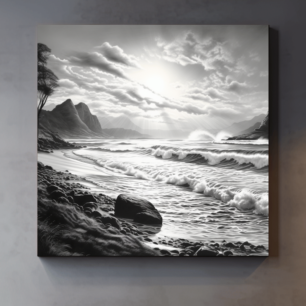 Black and white drawing of a sunny beach scene