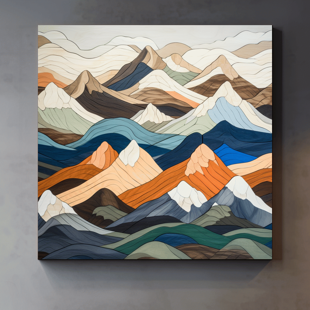 Wooden art, snow mountain peaks