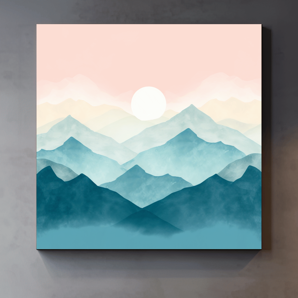 Minimalist Watercolor Misty Mountain Sunrise - Pastel Alpine Landscape Wall Art