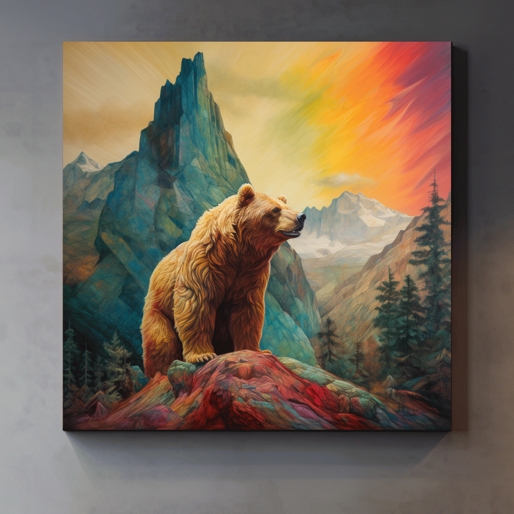 Majestic Grizzly Bear Mountain Landscape - Vibrant Painting Style Wildlife Wall Art