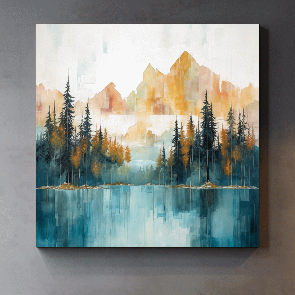 Watercolour painting of an alpine lake in the mountains